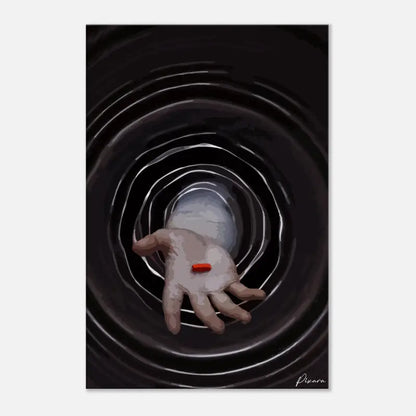 Une main avec une seule pilule rouge reposant sur sa paume, sur fond de cercles concentriques noirs et blancs ondulants.