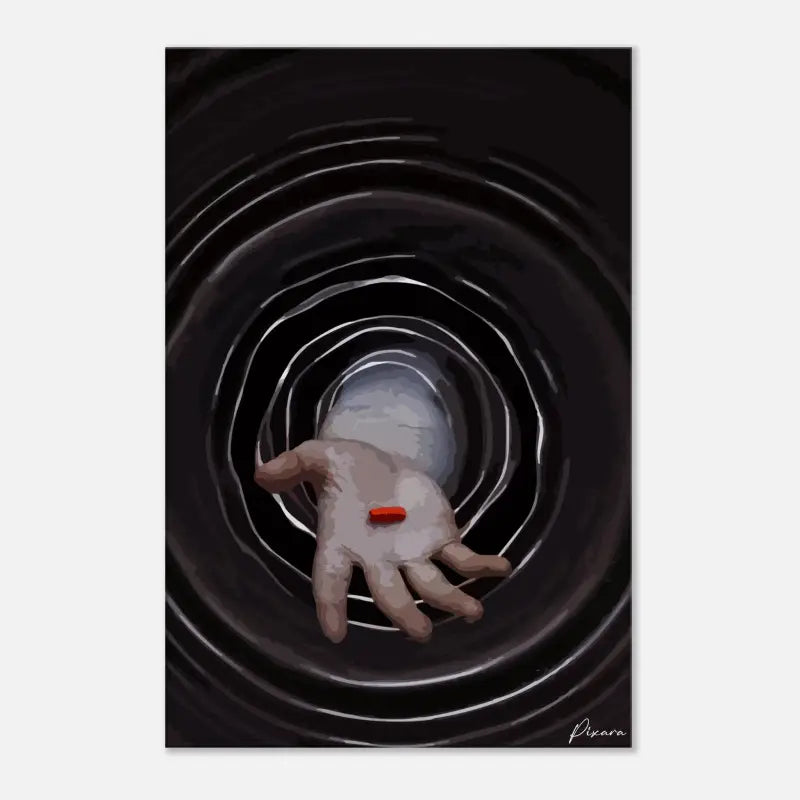 Une main avec une seule pilule rouge reposant sur sa paume, sur fond de cercles concentriques noirs et blancs ondulants.