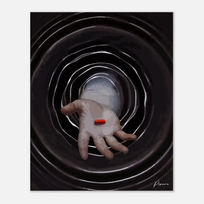 Une main avec une seule pilule rouge reposant sur sa paume, sur fond de cercles concentriques noirs et gris ondulants.