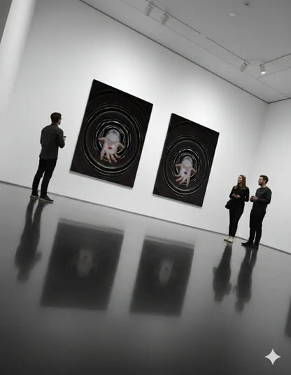 Deux peintures abstraites à cadre noir mettant en scène des figures translucides et luminescentes entourées de cercles concentriques.