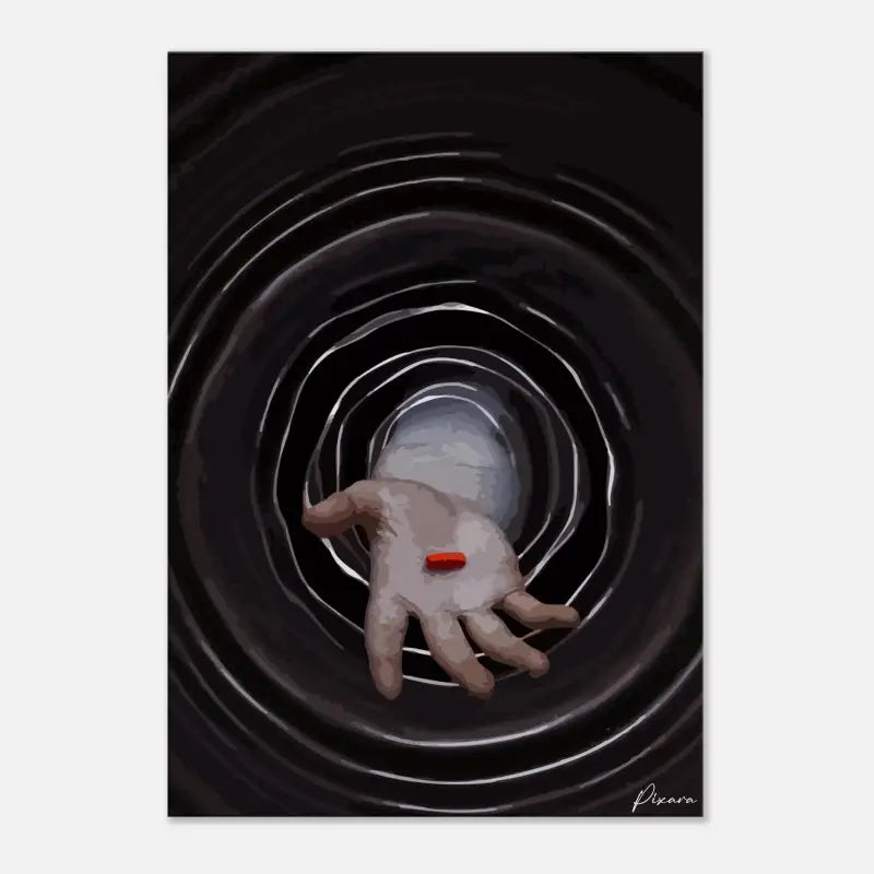 Une main avec une seule pilule rouge reposant sur sa paume, placée contre des anneaux concentriques noirs et argentés.