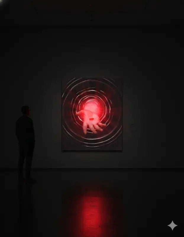 Une sculpture de main rouge luminescente avec des anneaux de lumière circulaires concentriques, exposée sur un mur sombre dans une galerie d’art.