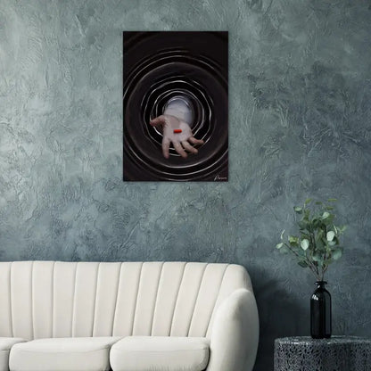 Impression sur toile abstraite noir et blanc présentant une main tendant vers une pilule orange sur fond d’ondulations circulaires concentriques.