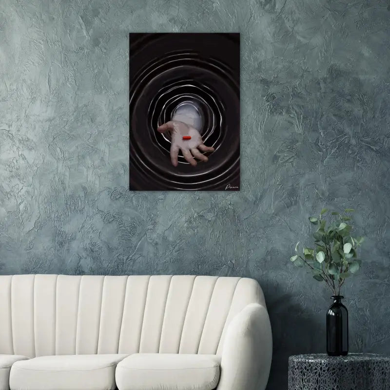 Impression sur toile abstraite noir et blanc présentant une main tendant vers une pilule orange sur fond d’ondulations circulaires concentriques.