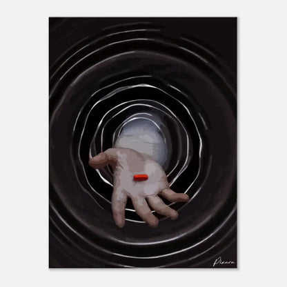 Une main avec une pilule rouge unique reposant sur sa paume, posée sur un fond de cercles concentriques noirs et blancs.