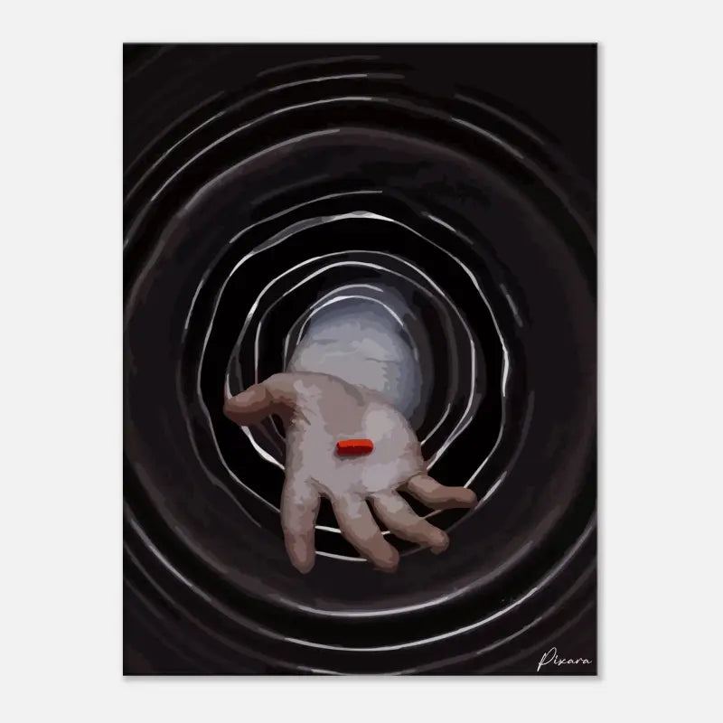 Une main avec une pilule rouge unique reposant sur sa paume, posée sur un fond de cercles concentriques noirs et blancs.