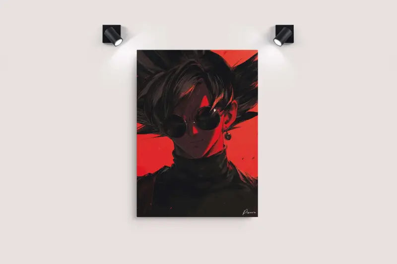 Affiche de portrait anime vibrant en rouge et noir mettant en scène un personnage aux cheveux en pics, lunettes de soleil rondes et une boucle d’oreille.
