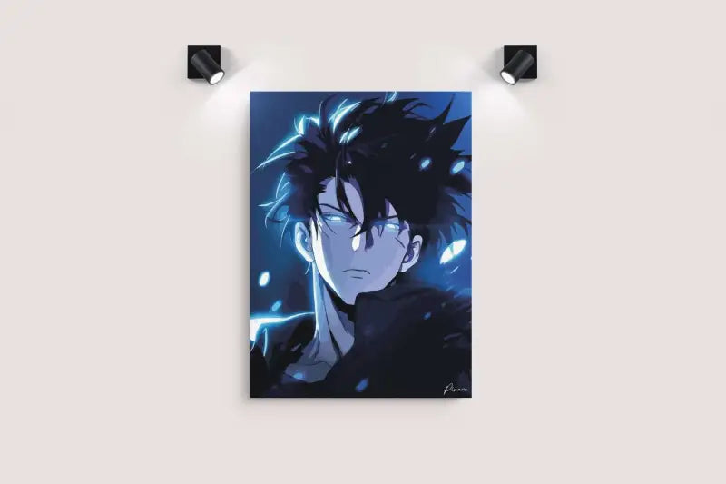 Impression de portrait anime aux tons bleus mettant en scène des cheveux noirs hérissés et des yeux lumineux, accrochée au mur.