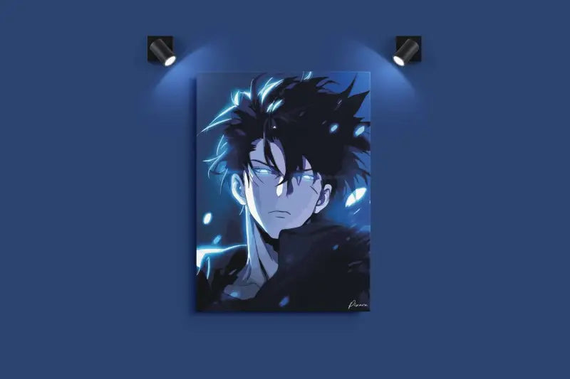 Impression de portrait anime aux tons bleus mettant en vedette des cheveux noirs hérissés et des yeux brillants, montée sur un mur bleu foncé.