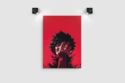 Une impression sur toile rouge frappante mettant en scène un personnage d’anime stylisé avec des cheveux noirs hérissés et un ombrage sombre et dramatique.