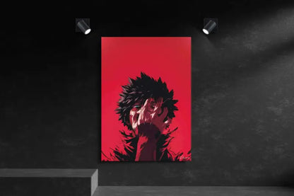 Toile rouge vibrante présentant un personnage d’anime stylisé avec des cheveux noirs hérissés et un ombrage dramatique.