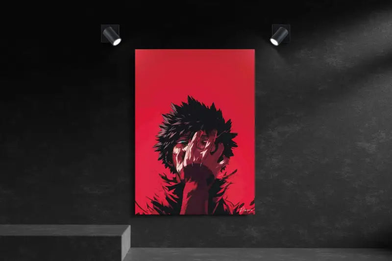 Toile rouge vibrante présentant un personnage d’anime stylisé avec des cheveux noirs hérissés et un ombrage dramatique.
