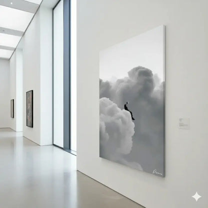 Une impression sur toile noir et blanc frappante représentant une figure solitaire assise au sommet de nuages volumineux, signée par l’artiste pina.
