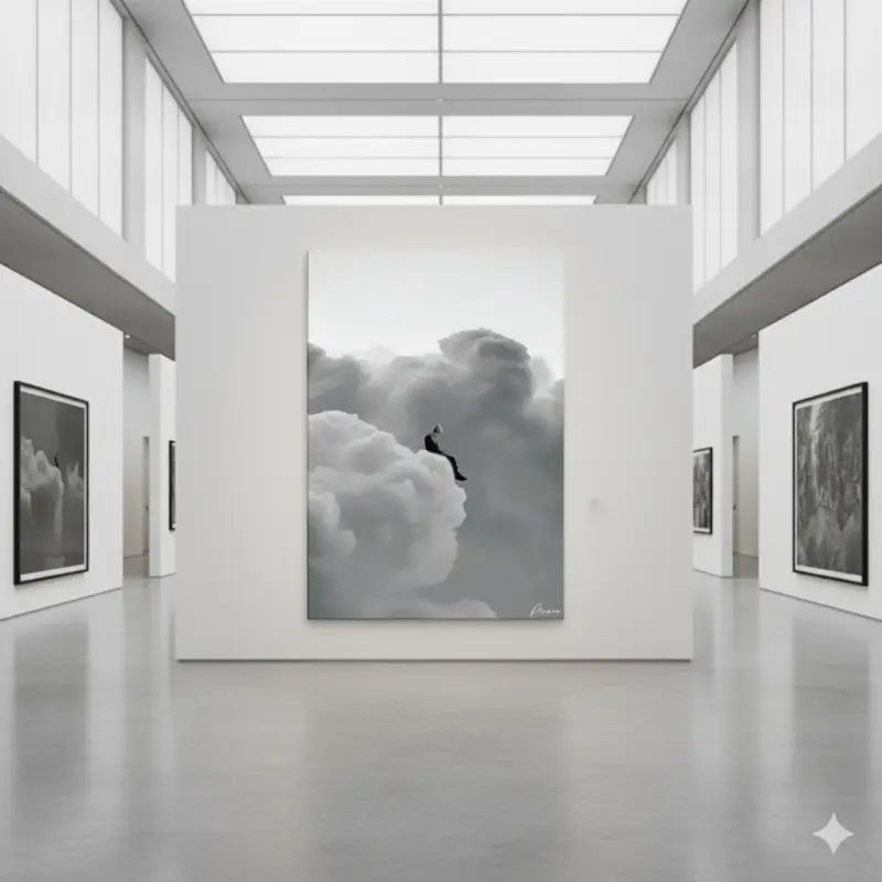 Une impression sur toile monochrome représentant une figure solitaire assise au sommet de nuages volumineux, encadrée en noir.