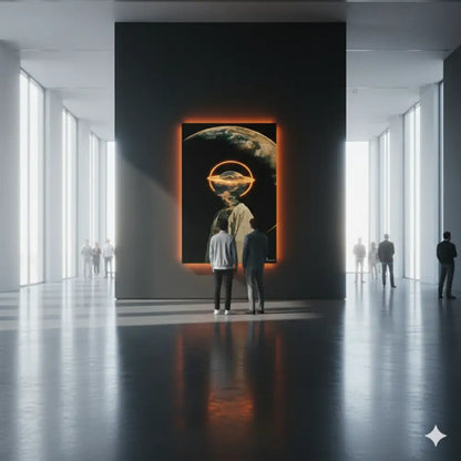 Une œuvre d’art encadrée frappante présentant un design circulaire orange luminescent superposé sur une représentation de la Terre, sur un fond sombre et illuminé par un rétroéclairage ambiant.