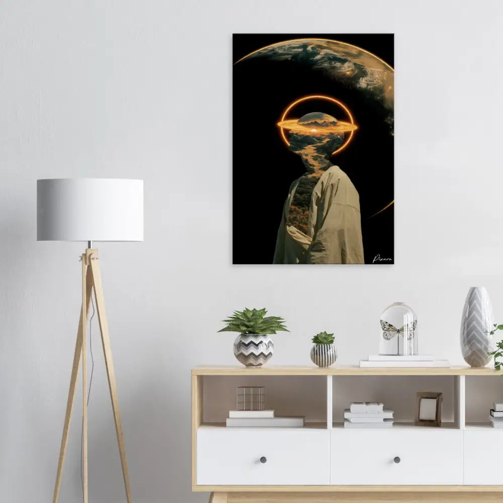 Une impression sur toile encadrée mettant en scène une figure surréaliste avec une tête semblable à la Terre entourée d’anneaux orange lumineux, sur fond cosmique sombre.