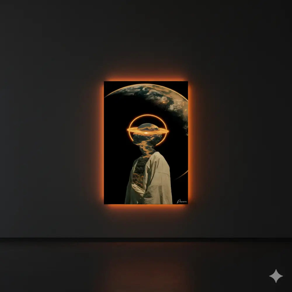 Une impression d’art numérique à cadre orange lumineux représentant une figure avec une tête en forme de terre, sur un fond sombre.