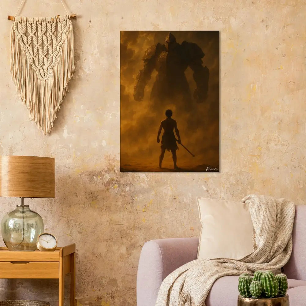 Une impression sur toile rectangulaire représentant une silhouette solitaire se tenant devant un géant mécanique massif et ombreux sous un ciel dramatique aux teintes dorées.