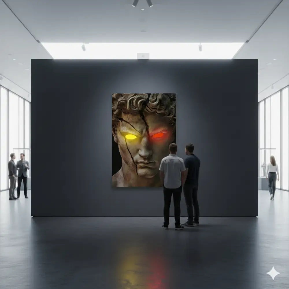 Une œuvre d’art numérique frappante représentant un buste de marbre classique avec des yeux jaunes et rouges lumineux, encadré dans un cadre de galerie d’art.