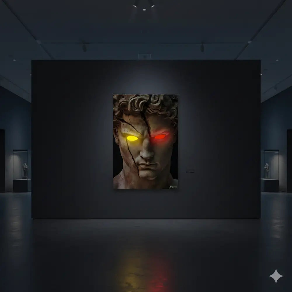 Une œuvre d’art numérique frappante représentant une tête de statue en marbre classique avec des yeux jaunes et rouges luminescents, encadrée en noir.