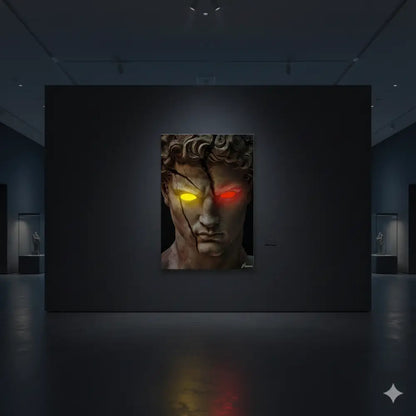 Une œuvre d’art numérique frappante représentant une tête de statue en marbre classique avec des yeux jaunes et rouges luminescents, encadrée en noir.