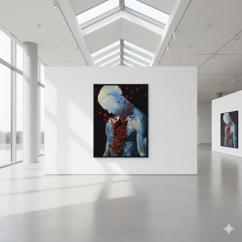 Une peinture à l’huile sur toile frappante représentant une figure humaine aux tons bleus ornée de roses rouges vives sur un fond sombre, encadrée en noir.