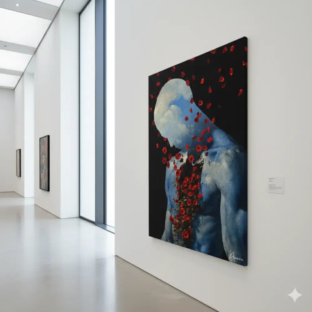Une peinture à l’huile sur toile frappante représentant une figure humaine aux tons bleus entourée de coquelicots rouges vibrants sur un fond sombre.