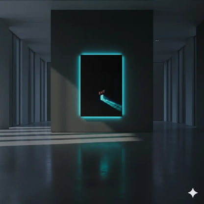 Une œuvre d’art numérique à cadre turquoise lumineux présentant un panneau de sortie minimaliste et un chemin éclairé sur un fond noir.