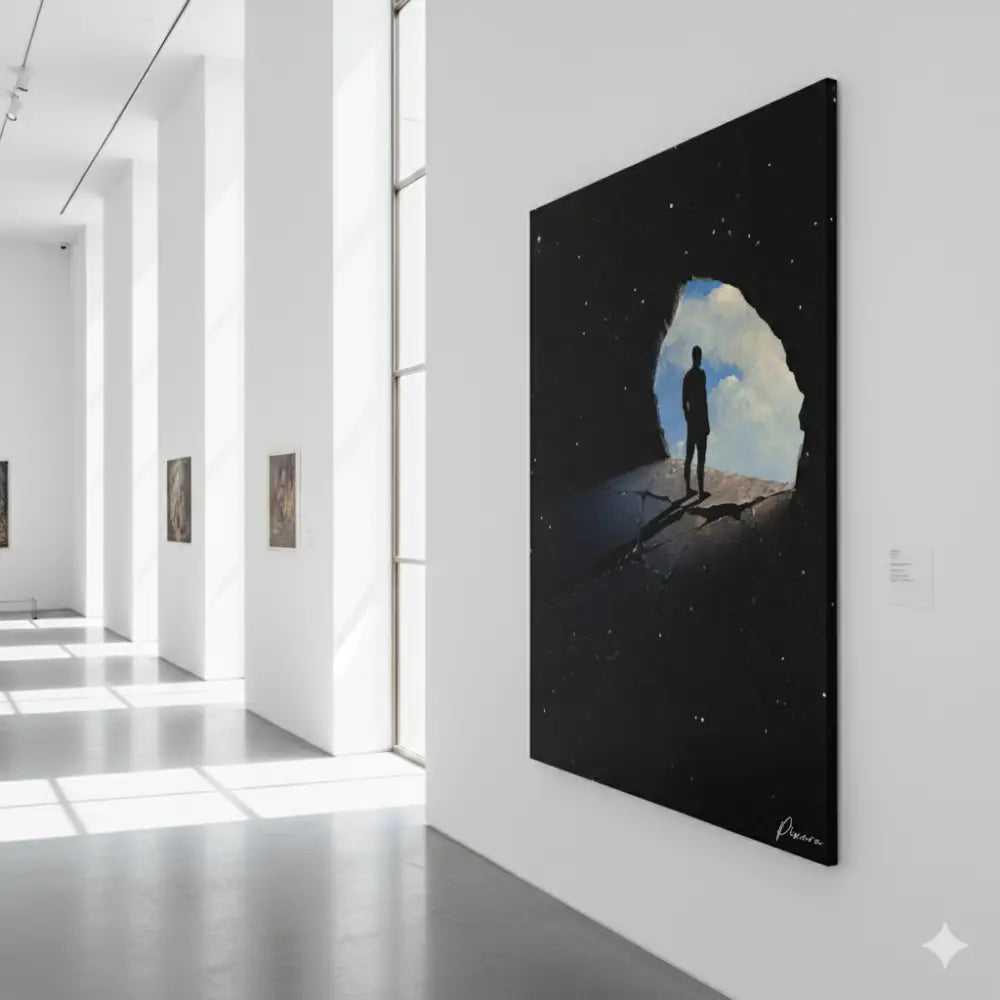 Peinture sur toile noire présentant une silhouette d’une personne debout dans une ouverture arquée sur fond de ciel nocturne étoilé avec des nuages, signée par l’artiste.