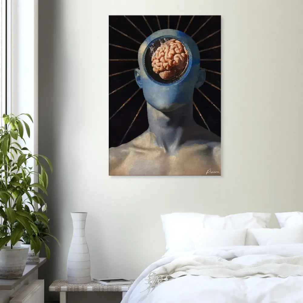 Tête humaine peinte en bleu avec un cerveau visible, présentée comme une toile d’art.