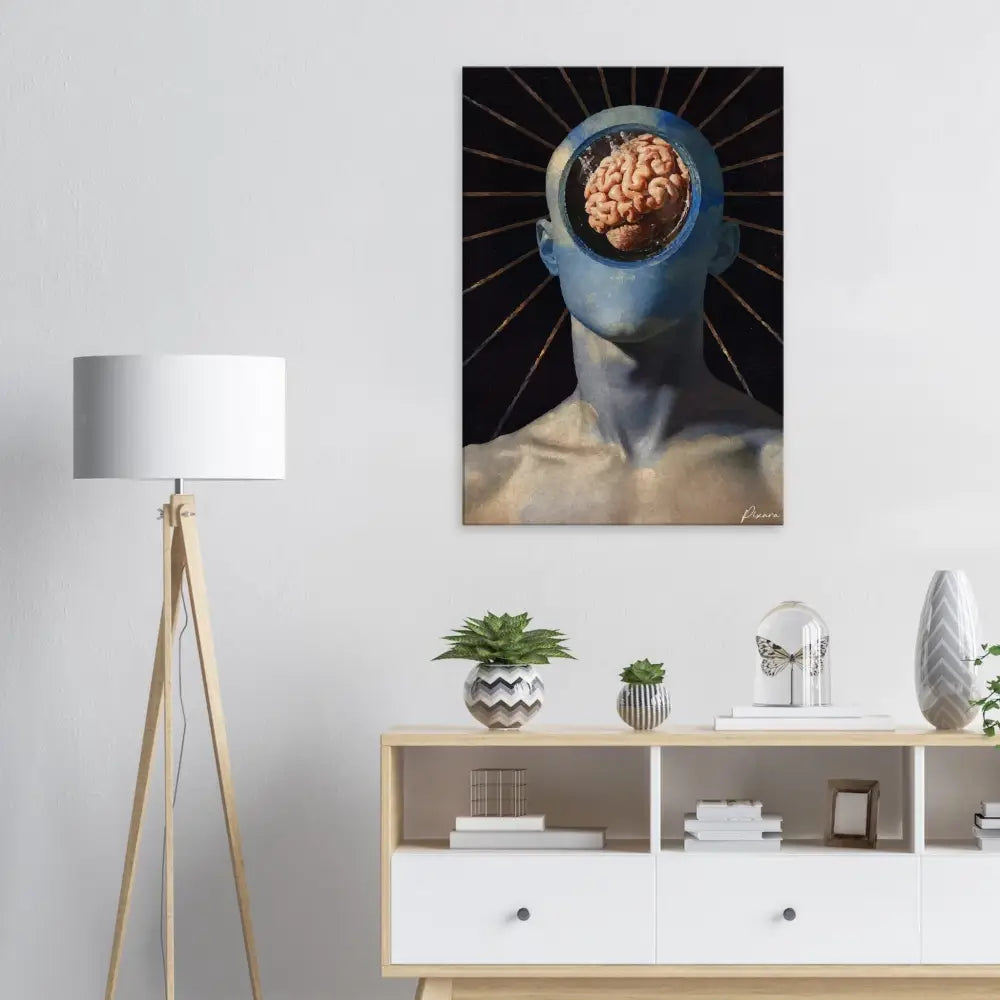 Une impression sur toile frappante mettant en scène une figure à la peau bleue avec un cerveau humain exposé et détaillé sur un fond sombre irradiant des lignes dorées.