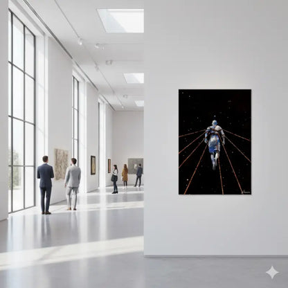 Une œuvre d’art numérique encadrée représentant une figure blindée bleue s’éloignant dans l’espace, entourée de lignes orange lumineuses sur un fond noir étoilé.