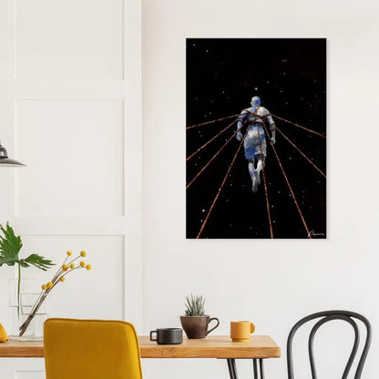 Une impression sur toile rectangulaire représentant une figure en tenue spatiale bleue et blanche flottant sur un fond noir étoilé, avec des lignes rouges luminescentes rayonnant vers l’extérieur de l’astronaute.
