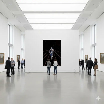 Une œuvre numérique frappante en noir et blanc dépeignant une figure en mouvement sur un fond cosmique étoilé, encadrée et exposée de manière proéminente sur le mur de la galerie.