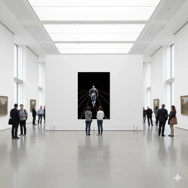 Une œuvre numérique frappante en noir et blanc dépeignant une figure en mouvement sur un fond cosmique étoilé, encadrée et exposée de manière proéminente sur le mur de la galerie.