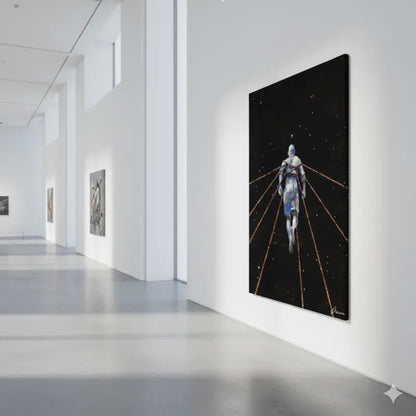 Une peinture sur toile noire frappante représentant une figure en équipement spatial argenté et bleu s’éloignant à travers un cosmos rempli d’étoiles, encadrée par des lignes dorées rayonnantes s’étendant du centre.