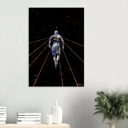 Une impression sur toile rectangulaire représentant une figure en tenue spatiale bleue et blanche suspendue par des cordes sur un fond noir étoilé.