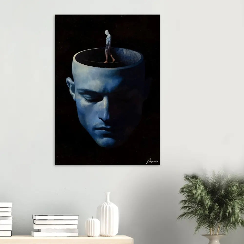 Une peinture surréaliste bleu foncé représentant un homme debout à l’intérieur d’une tête humaine ouverte, signée par l’artiste picorn.
