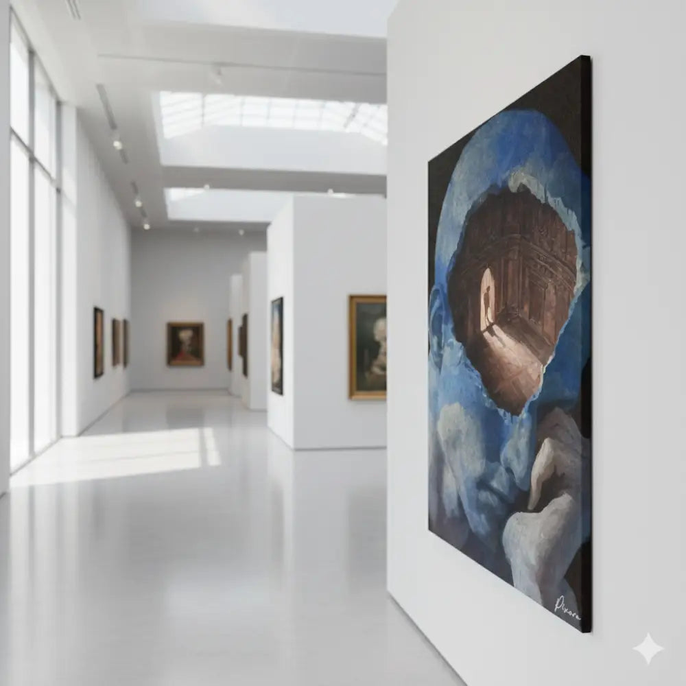 Une peinture sur toile bleue frappante présentant un portrait surréaliste avec des éléments architecturaux, exposée dans un cadre de galerie d’art.