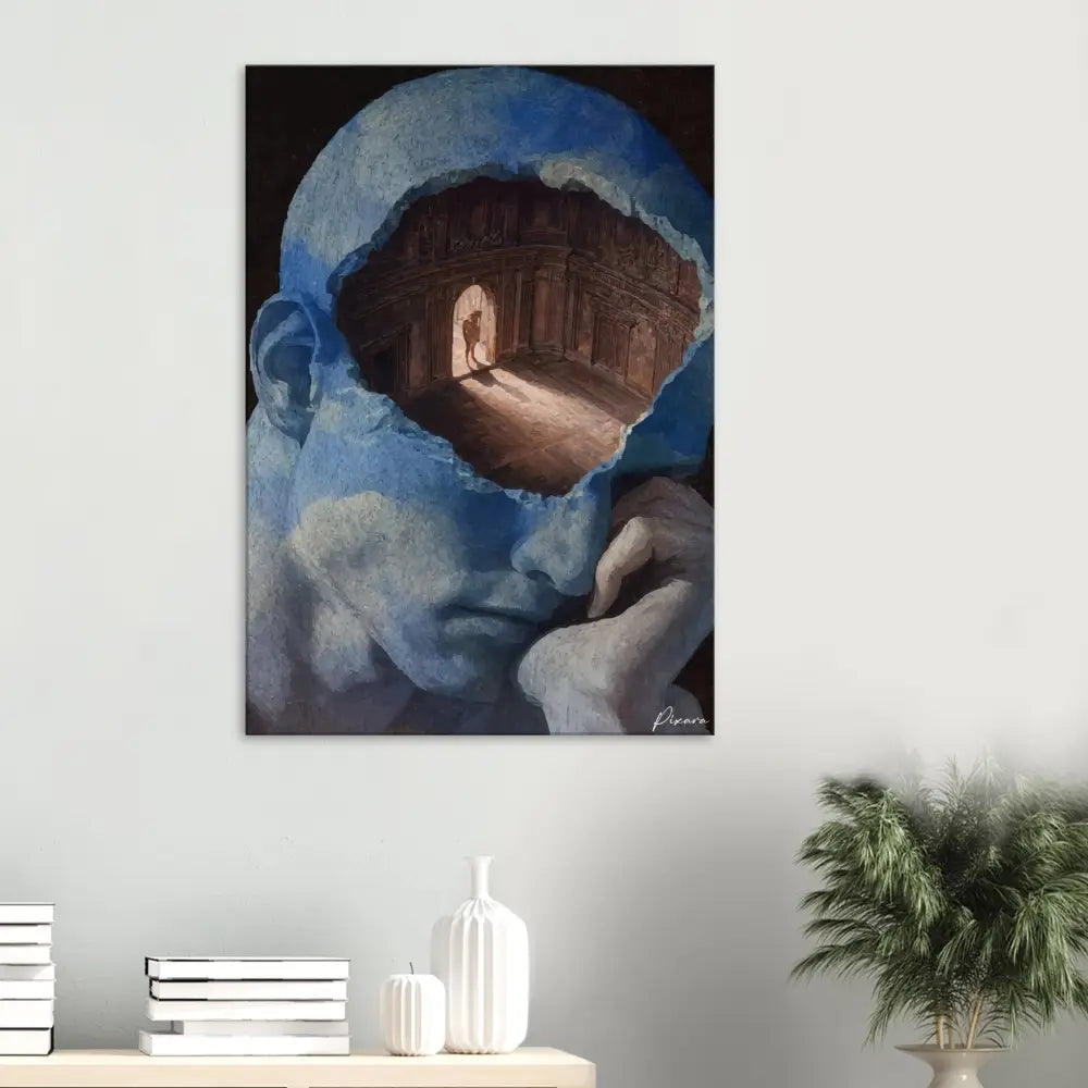 Toile peinte en bleu représentant la tête d’un homme avec un couloir intérieur visible à travers l’ouverture, signée par « picorn » dans le coin inférieur droit.