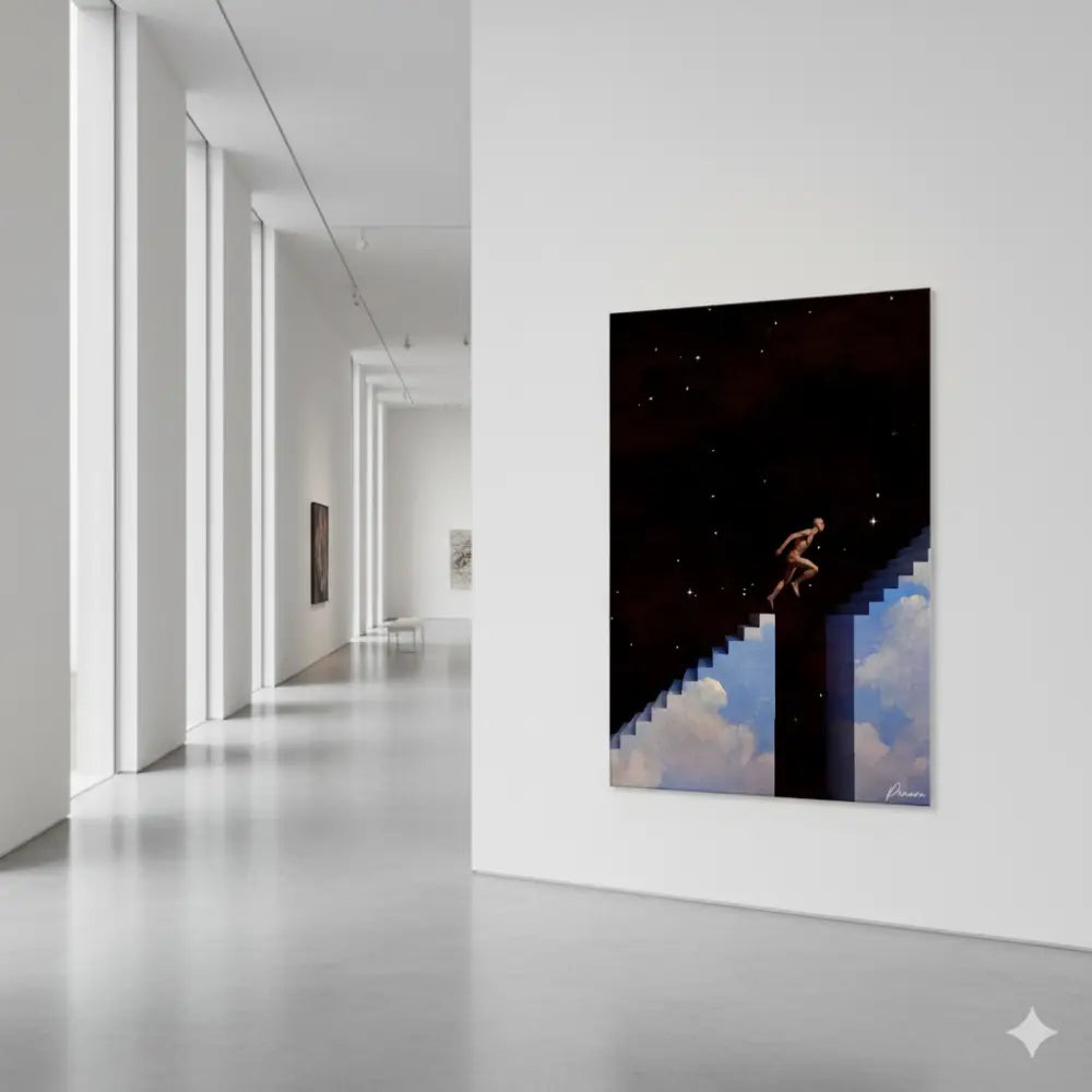 Une impression sur toile surréaliste représentant une figure nue sautant par-dessus une division dentelée et pixélisée entre une nuit étoilée et un ciel nuageux.