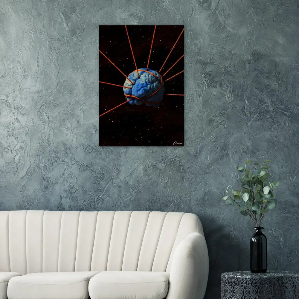 Une impression sur toile rectangulaire représentant un cerveau bleu suspendu dans l’espace, attaché par des câbles orange sur un fond noir étoilé.