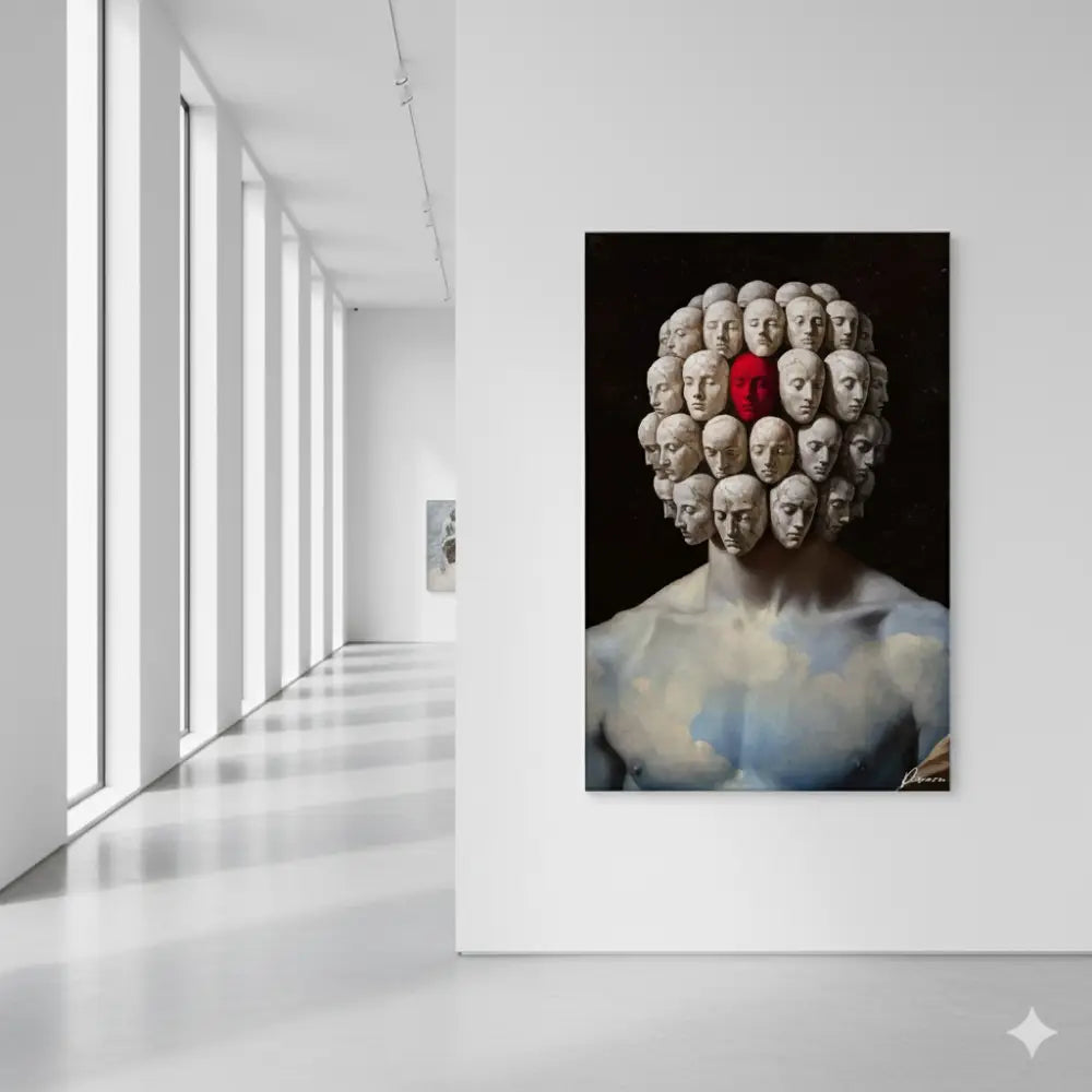 Une peinture à l’huile frappante représentant une figure musclée avec de nombreux visages pâles et sculptés disposés en motif circulaire autour de sa tête, un visage mis en évidence de manière proéminente en rouge sur un fond sombre.