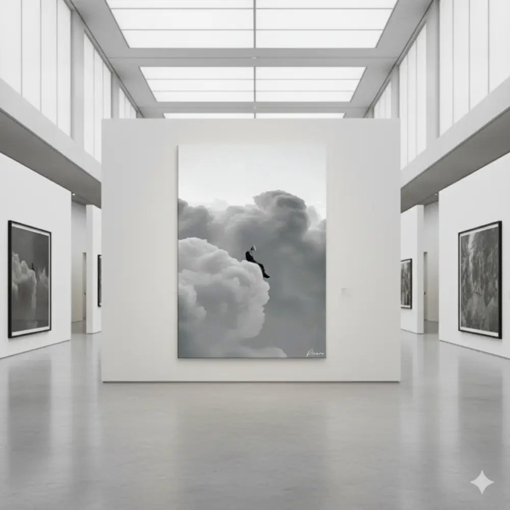 Une impression sur toile monochrome représentant une figure solitaire assise au sommet de nuages volumineux, encadrée en noir.