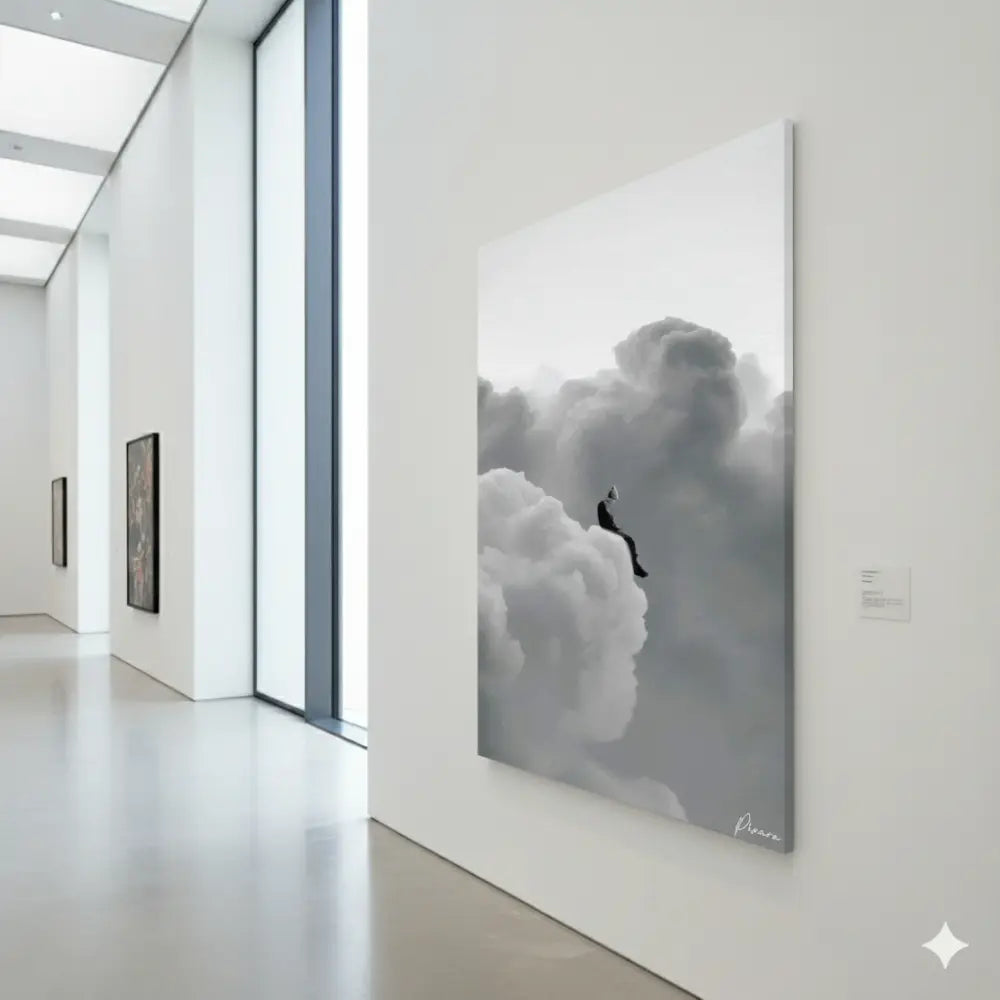 Une impression sur toile noir et blanc frappante représentant une figure solitaire assise au sommet de nuages volumineux, signée par l’artiste pina.