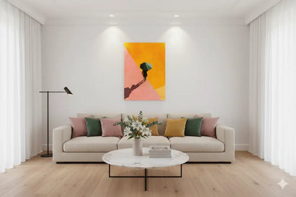 Peinture abstraite vibrante sur toile présentant une silhouette tenant un parapluie contre des formes géométriques audacieuses orange et rose.