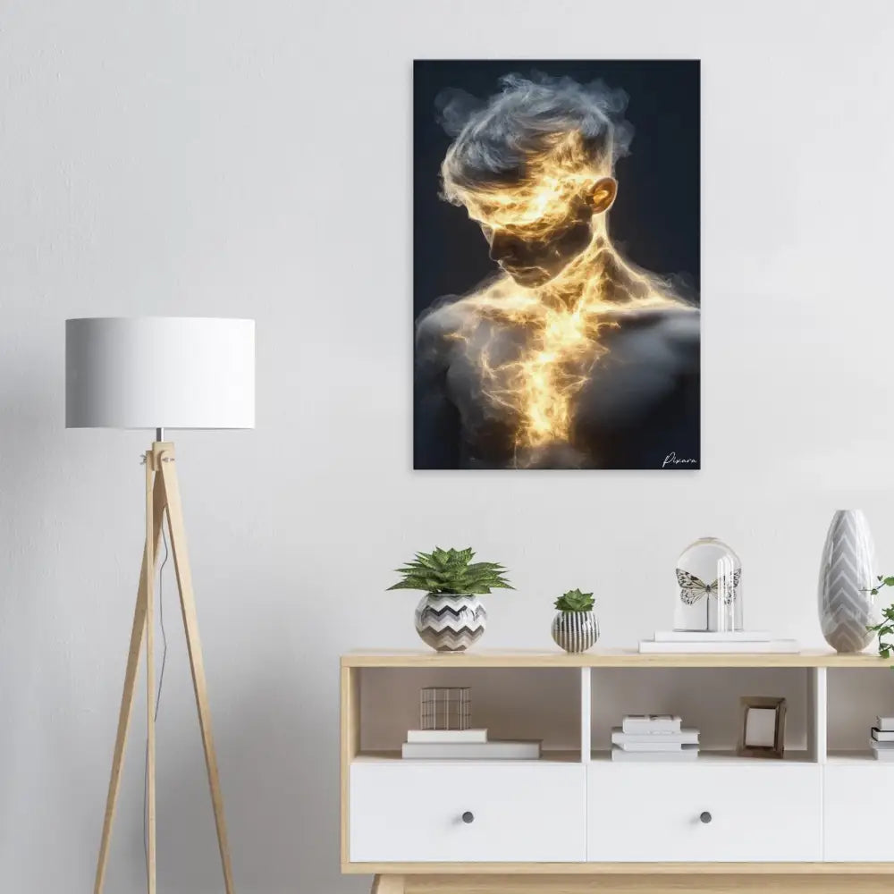 Une impression sur toile frappante noir et or représentant une figure humaine enveloppée d’une énergie ardente et luminescente.