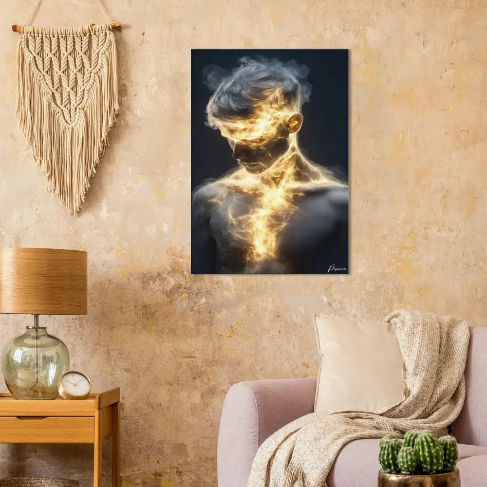 Un tirage photo sur toile rectangulaire présentant un portrait stylisé d’un homme avec une énergie lumineuse et ardente émanant de son torse et de sa tête sur un fond sombre.