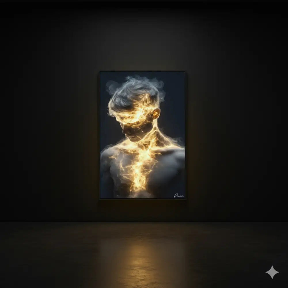 Une œuvre d’art numérique encadrée représentant une figure humaine avec des flammes dorées luminescentes émanant de sa tête et de son torse, sur un fond sombre.