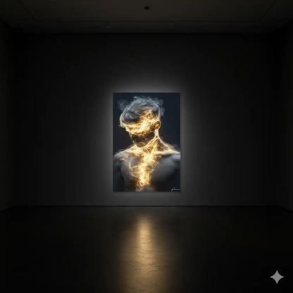 Une œuvre d’art numérique frappante dépeignant une figure humaine enveloppée de flammes dorées vibrantes sur un fond sombre, exposée sur toile.